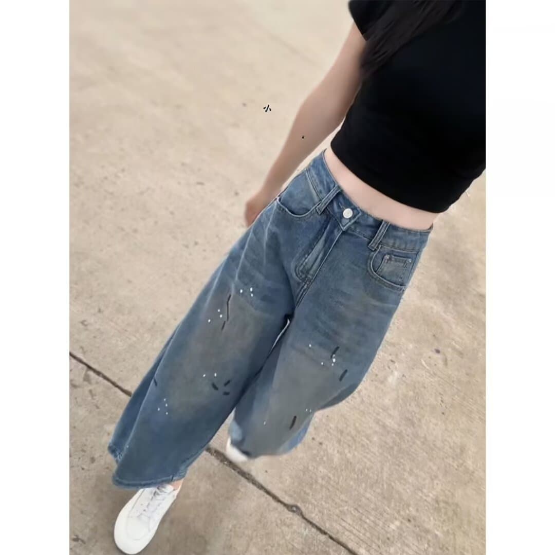 아메리칸 레트로 높음 거리 먹물 찢어진 부분 청바지 여성 봄 가을 새로운 디자인 센스 작은 대중 스트레이트 하이웨이스트 롱 바지 상세 이미지 5