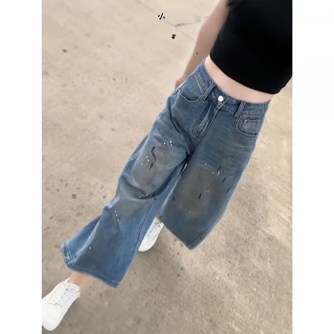 아메리칸 레트로 높음 거리 먹물 찢어진 부분 청바지 여성 봄 가을 새로운 디자인 센스 작은 대중 스트레이트 하이웨이스트 롱 바지 상세 이미지 6