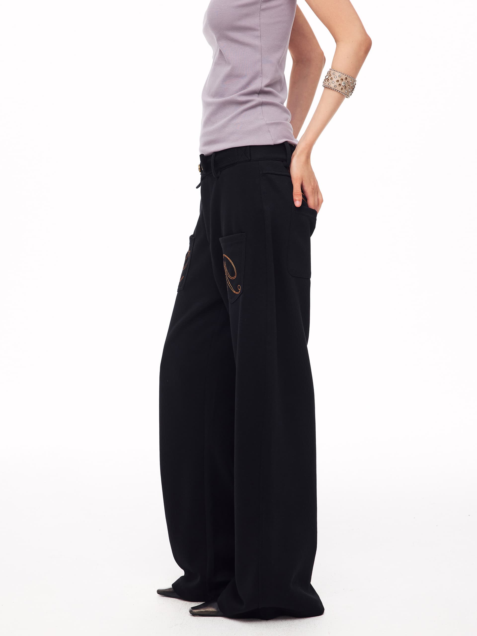 아메리칸 디자인 센스 날개 자수 단추 허리 머리 넓은 다리 웨이 바지 남녀 루즈핏 다용도 긴 바지 이미지 2