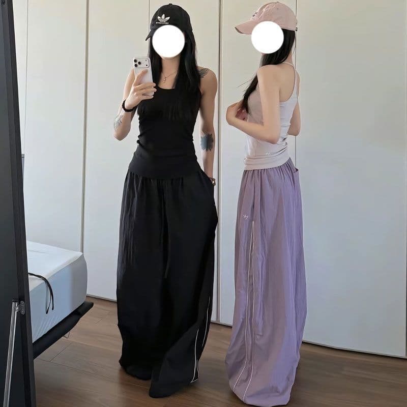 차가운 센스 속도 건조한 ins 아메리칸 레트로 바 기사 캐주얼 바지 여성 여름 루즈핏 도루 센스 향기로운 芋 보라색 넓은 다리 운동 바지 상세 이미지 1