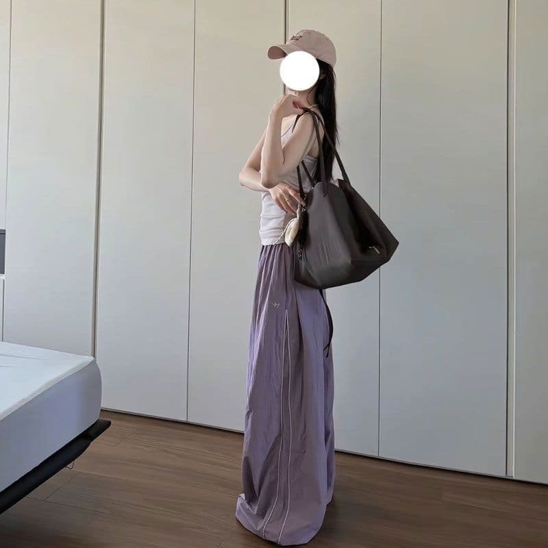 차가운 센스 속도 건조한 ins 아메리칸 레트로 바 기사 캐주얼 바지 여성 여름 루즈핏 도루 센스 향기로운 芋 보라색 넓은 다리 운동 바지 상세 이미지 8