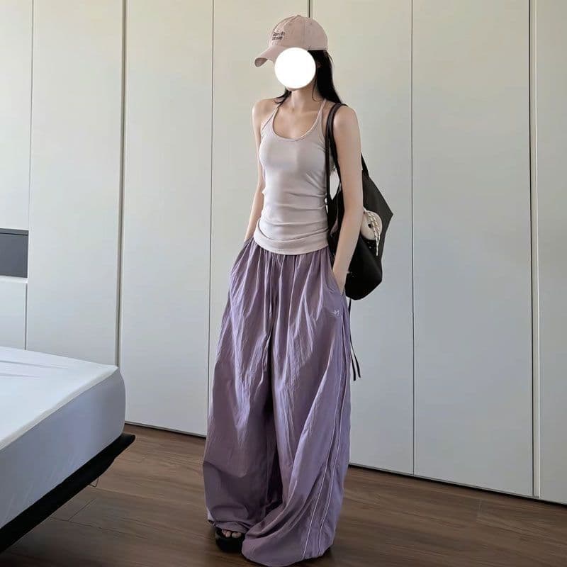 차가운 센스 속도 건조한 ins 아메리칸 레트로 바 기사 캐주얼 바지 여성 여름 루즈핏 도루 센스 향기로운 芋 보라색 넓은 다리 운동 바지 상세 이미지 9