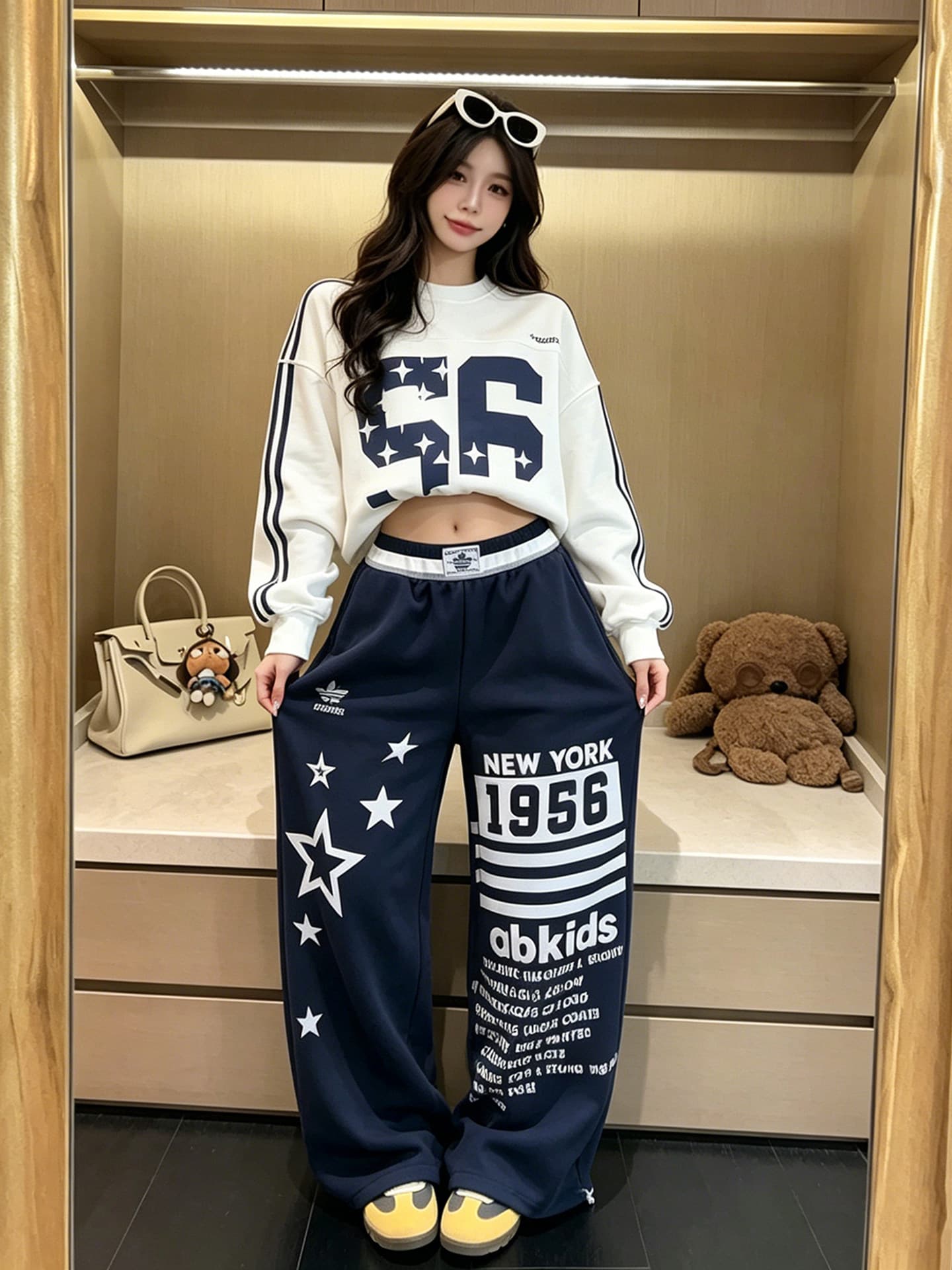 아메리칸 회색 운동 바지 캐주얼 두꺼움 면 바지 여성 여름 루즈핏 와이드 레그 팬츠 디자인 센스 프린트 jazz 재즈 댄스 이미지 2