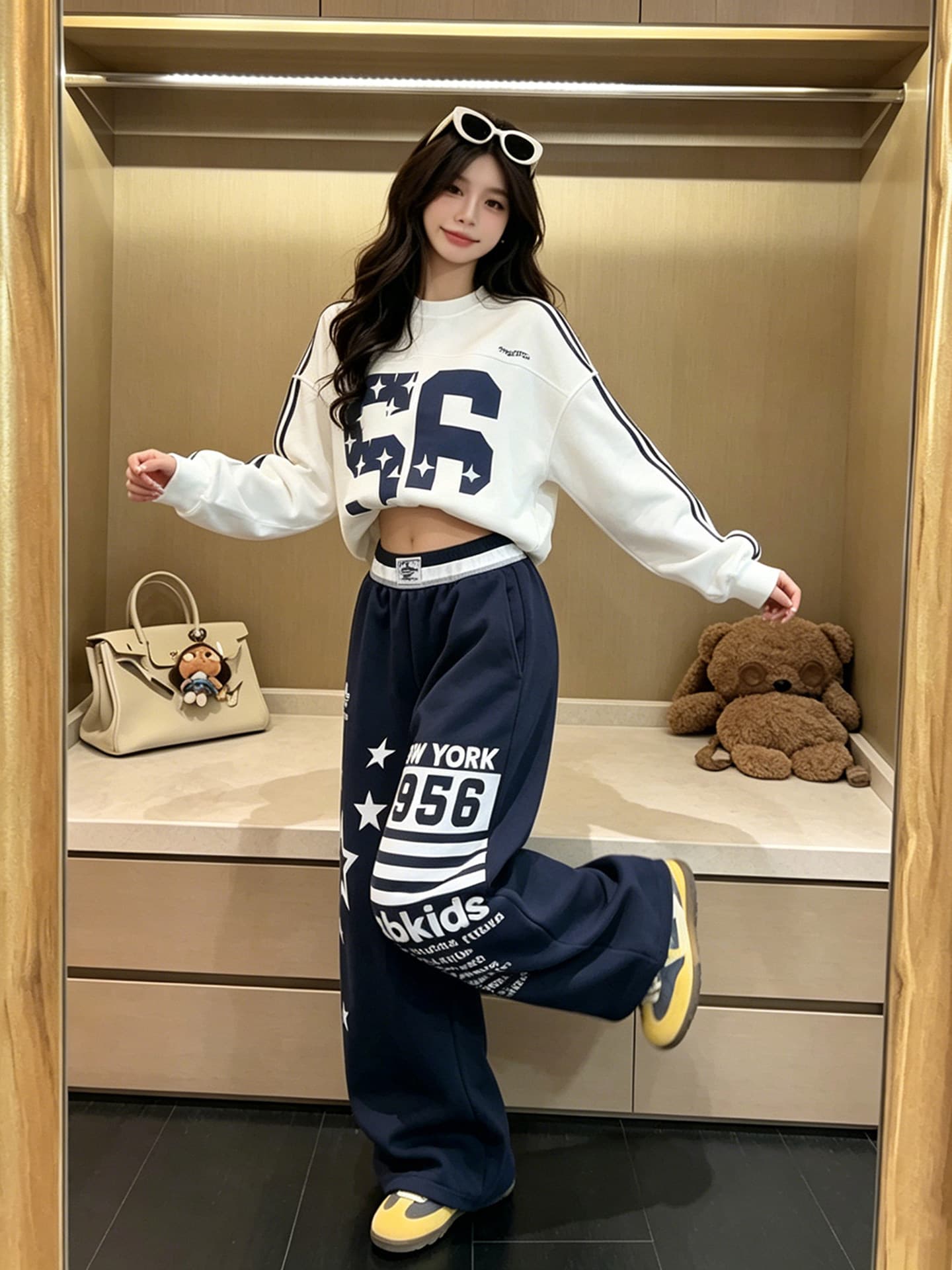 아메리칸 회색 운동 바지 캐주얼 두꺼움 면 바지 여성 여름 루즈핏 와이드 레그 팬츠 디자인 센스 프린트 jazz 재즈 댄스 이미지 4