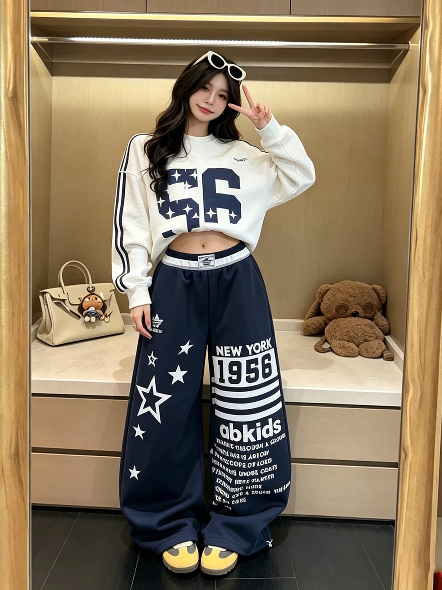 아메리칸 회색 운동 바지 캐주얼 두꺼움 면 바지 여성 여름 루즈핏 와이드 레그 팬츠 디자인 센스 프린트 jazz 재즈 댄스 이미지 3