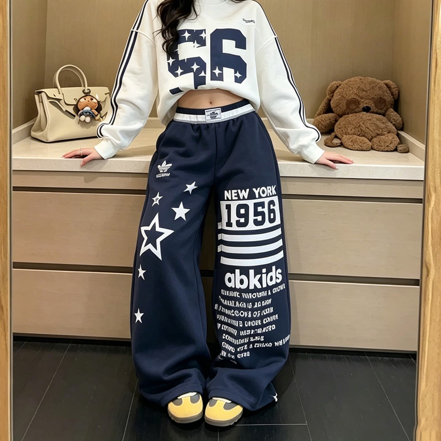 아메리칸 회색 운동 바지 캐주얼 두꺼움 면 바지 여성 여름 루즈핏 와이드 레그 팬츠 디자인 센스 프린트 jazz 재즈 댄스 이미지 5