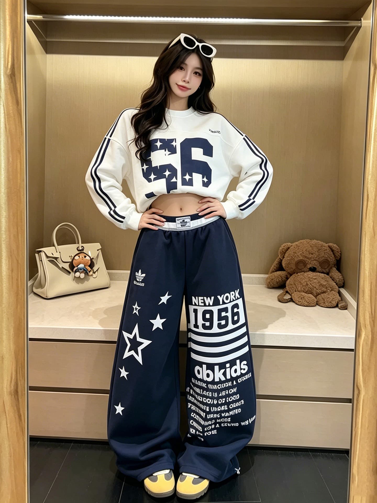 아메리칸 회색 운동 바지 캐주얼 두꺼움 면 바지 여성 여름 루즈핏 와이드 레그 팬츠 디자인 센스 프린트 jazz 재즈 댄스 상세 이미지 3