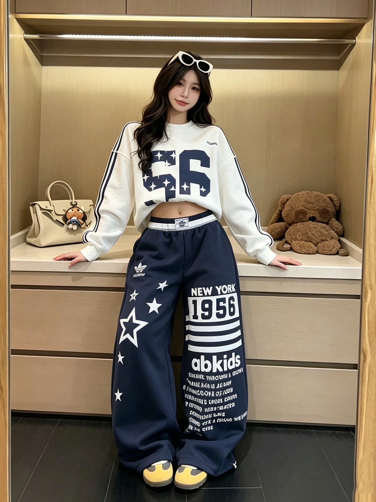 아메리칸 회색 운동 바지 캐주얼 두꺼움 면 바지 여성 여름 루즈핏 와이드 레그 팬츠 디자인 센스 프린트 jazz 재즈 댄스 상세 이미지 5