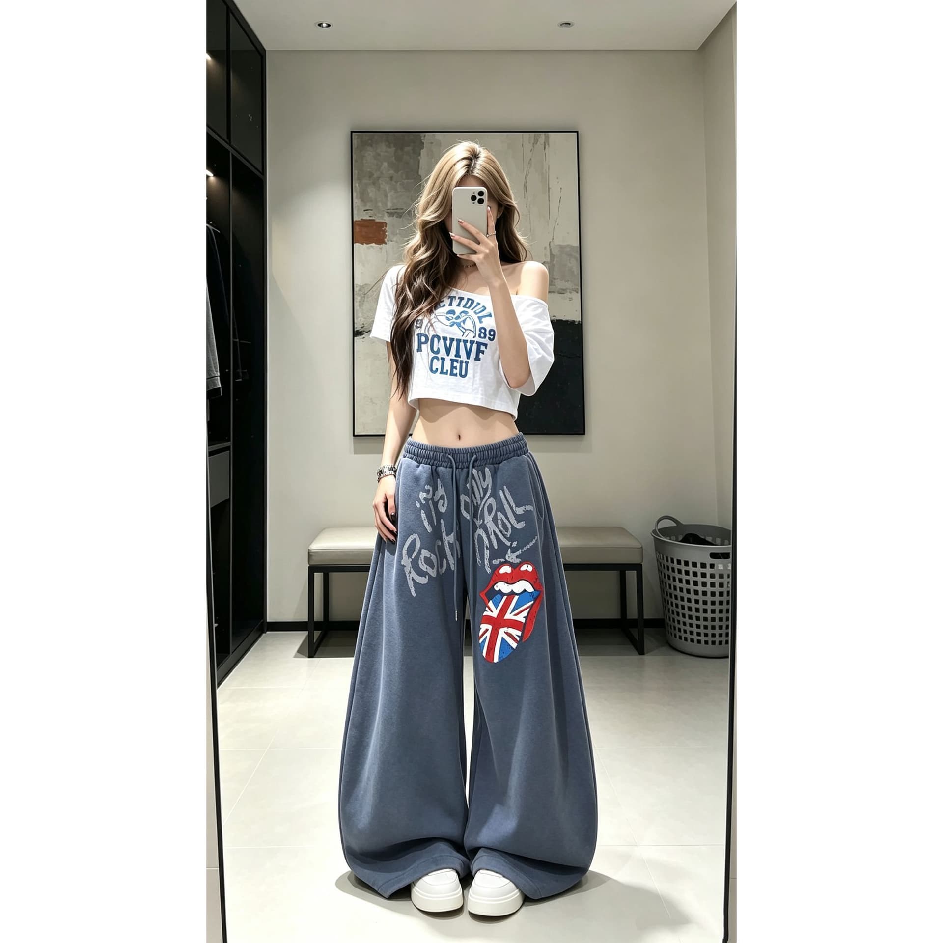 아메리칸 조수 브랜드 마 오래된 낙서 레트로 알파벳 꽃 워싱 마 오래된 넓은 다리 모통이 칼 웨이 바지 남녀 루즈핏 트렌디