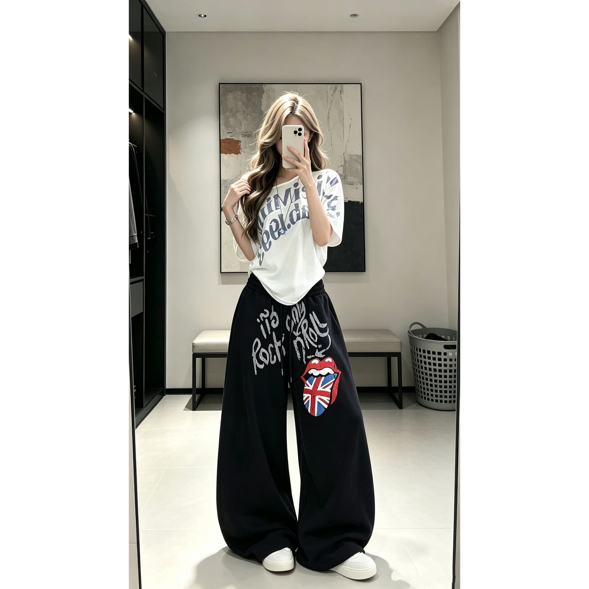 아메리칸 조수 브랜드 마 오래된 낙서 레트로 알파벳 꽃 워싱 마 오래된 넓은 다리 모통이 칼 웨이 바지 남녀 루즈핏 트렌디 이미지 2