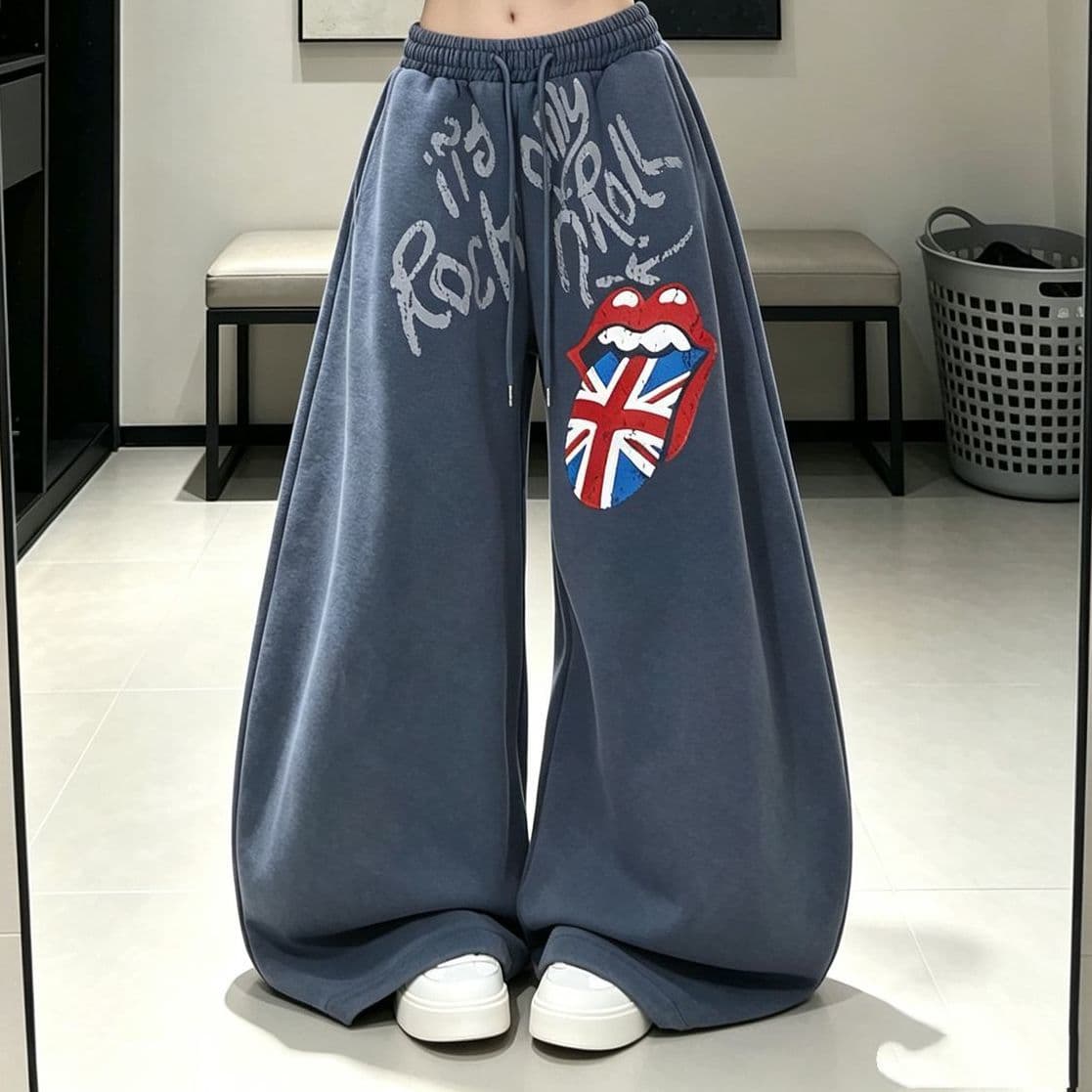 아메리칸 조수 브랜드 마 오래된 낙서 레트로 알파벳 꽃 워싱 마 오래된 넓은 다리 모통이 칼 웨이 바지 남녀 루즈핏 트렌디 상세 이미지 6