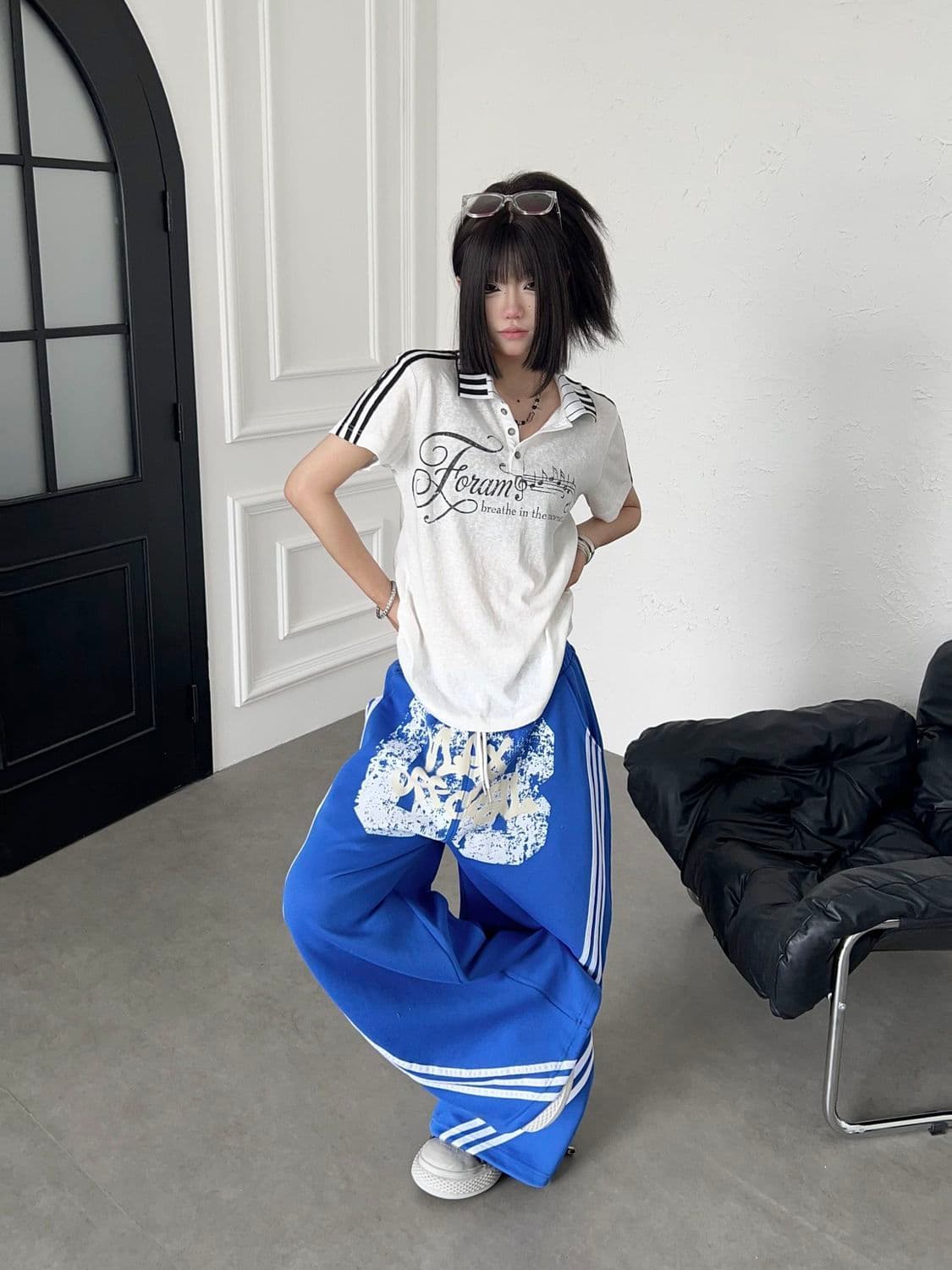 아메리칸 레트로 파란색 알파벳 프린트 와이드 레그 팬츠 남녀 루즈핏 도루 센스 캐주얼 긴 바지 펌프 로프 모통이 칼 웨이 바지 트렌디 상세 이미지 7