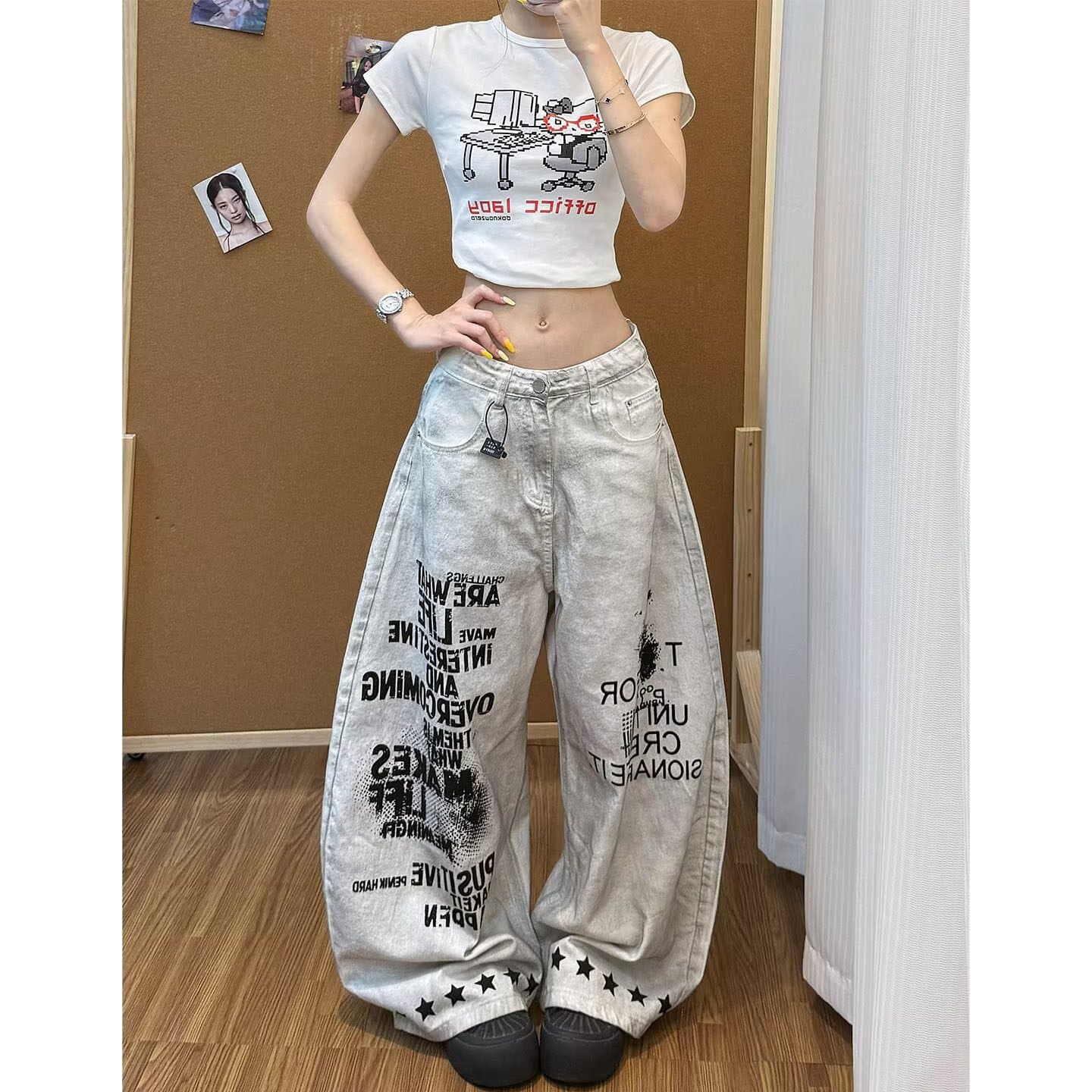 아메리칸 레트로 워싱 알파벳 페인팅 낙서 디자인 넓은 다리 청바지 여성 여름 높음 거리 루즈핏 슬림해 보이는 긴 바지 상세 이미지 12