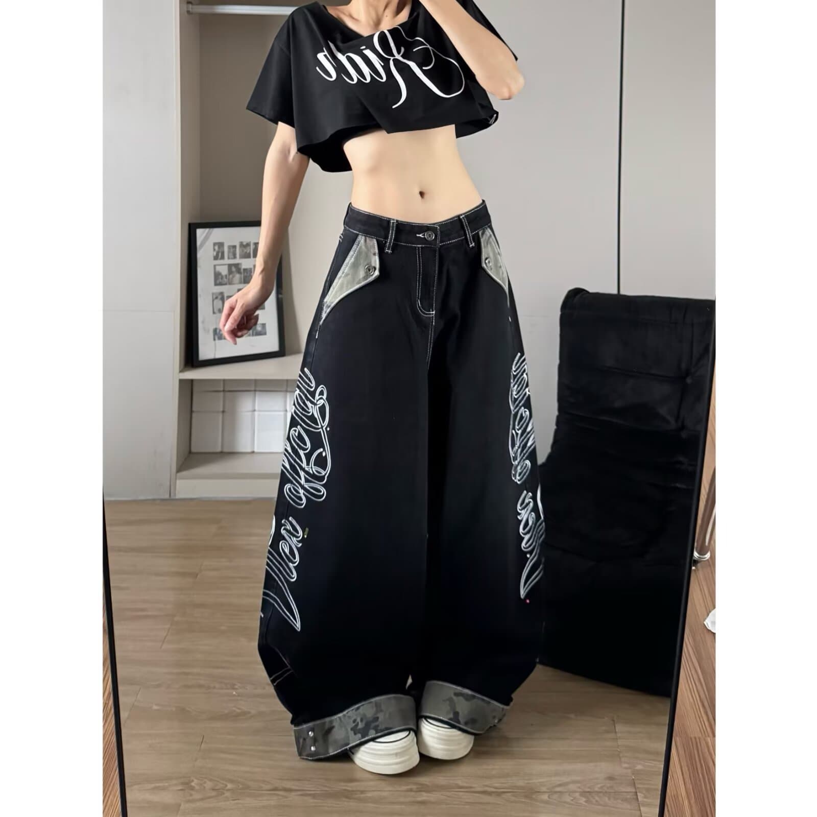 가을 스트리트 댄스 조수 브랜드 검정색 아메리칸 워싱 마 오래된 바람 웃음 하 긴 바지 레트로 재즈 루즈핏 청바지 트렌디 상세 이미지 1