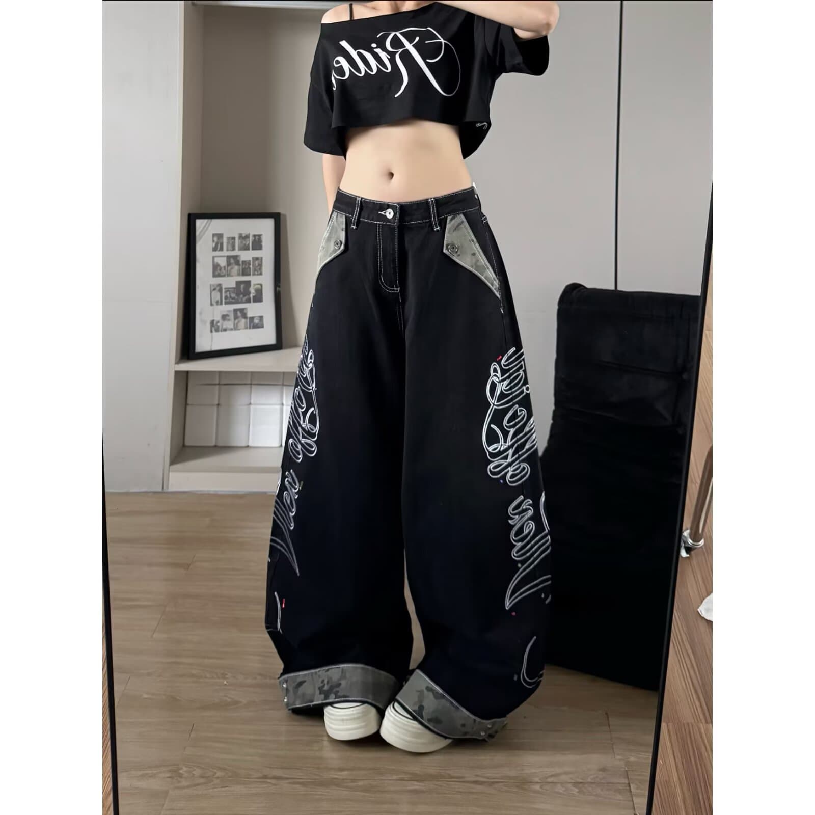 가을 스트리트 댄스 조수 브랜드 검정색 아메리칸 워싱 마 오래된 바람 웃음 하 긴 바지 레트로 재즈 루즈핏 청바지 트렌디 상세 이미지 2