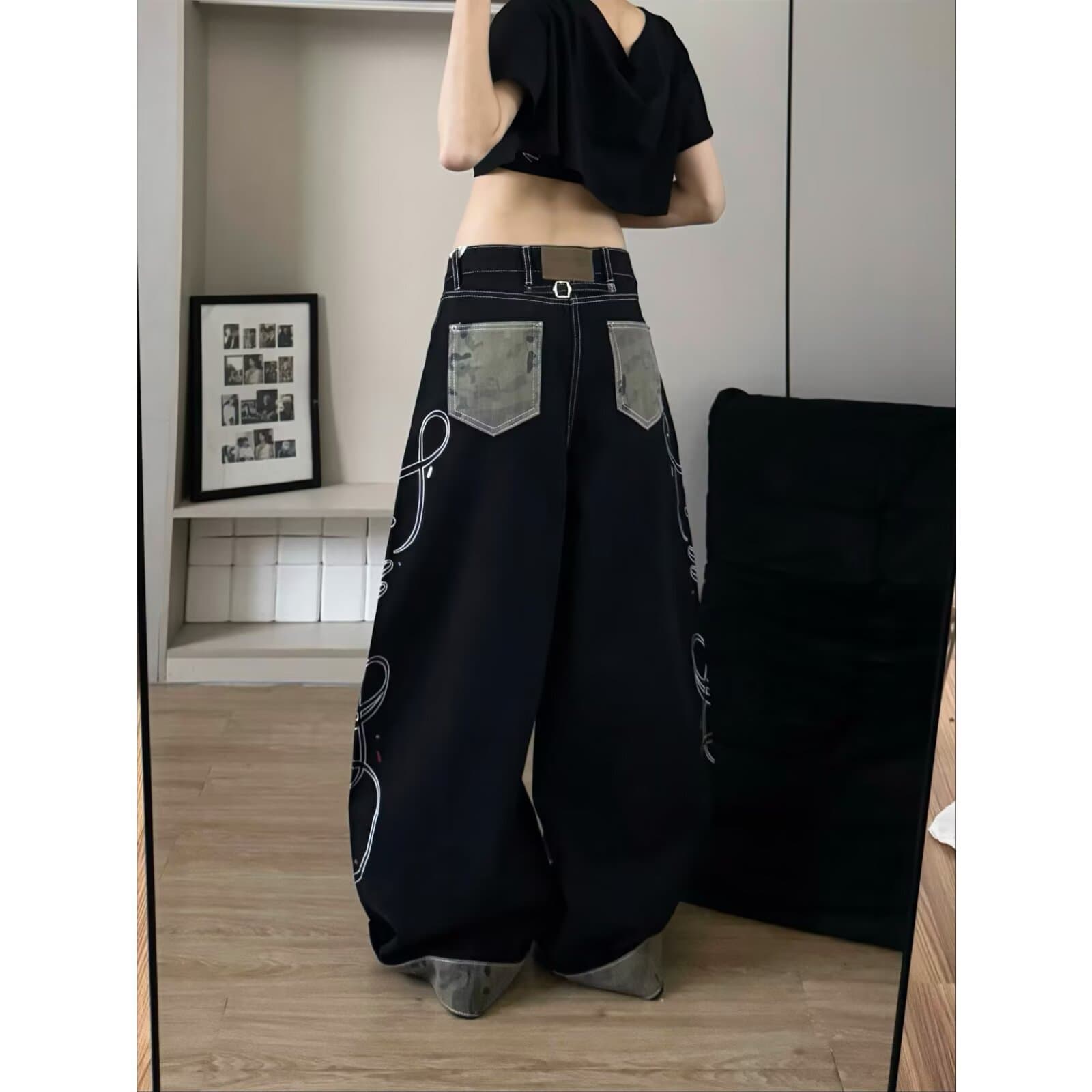 가을 스트리트 댄스 조수 브랜드 검정색 아메리칸 워싱 마 오래된 바람 웃음 하 긴 바지 레트로 재즈 루즈핏 청바지 트렌디 상세 이미지 4