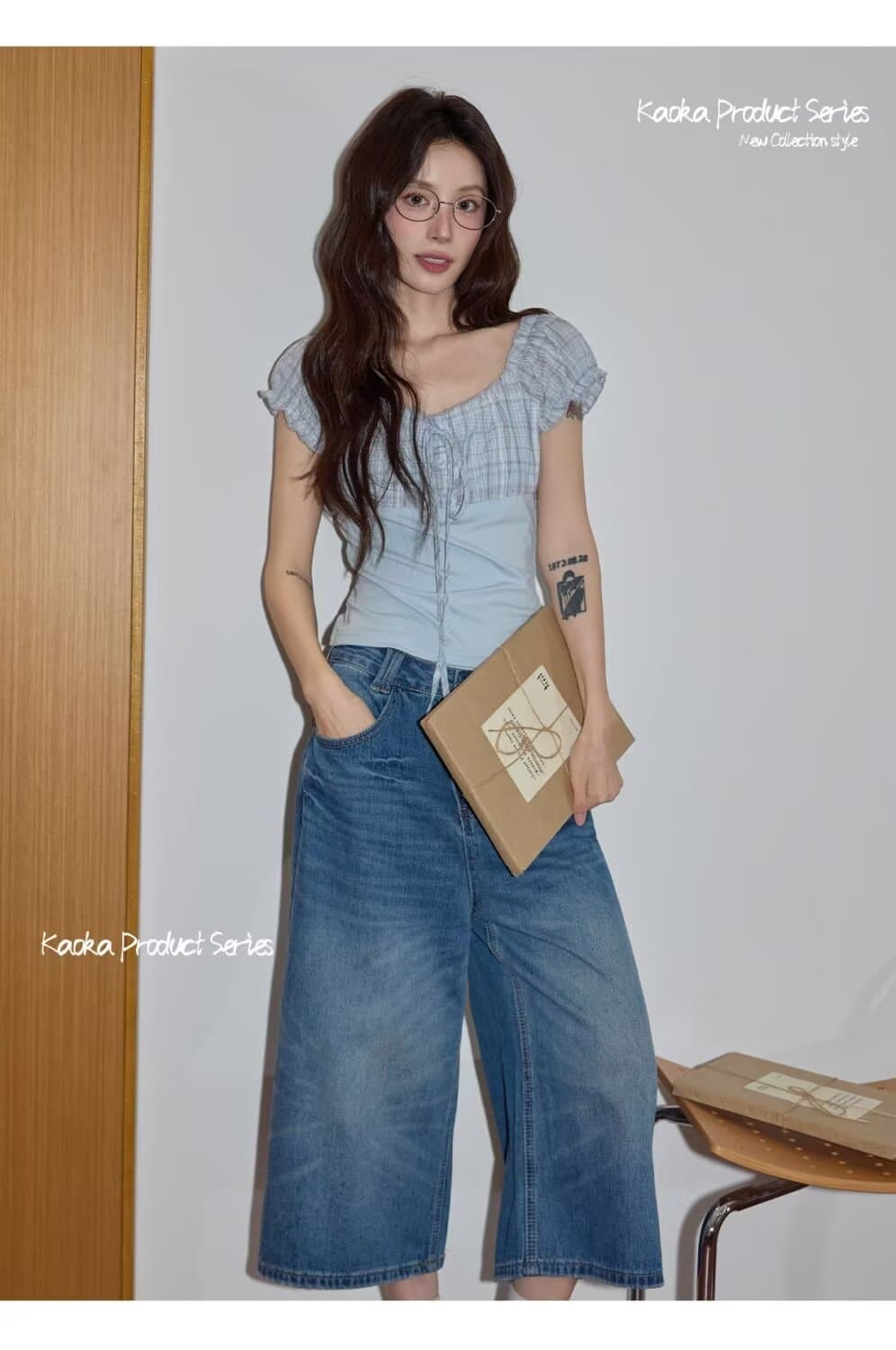 2026 년 새로운 레트로 블루 하이웨이스트 9 포인트 스트레이트 청바지 여성 작은 키 배 모양 루즈핏 슬림해 보이는 와이드 레그 팬츠 상세 이미지 7
