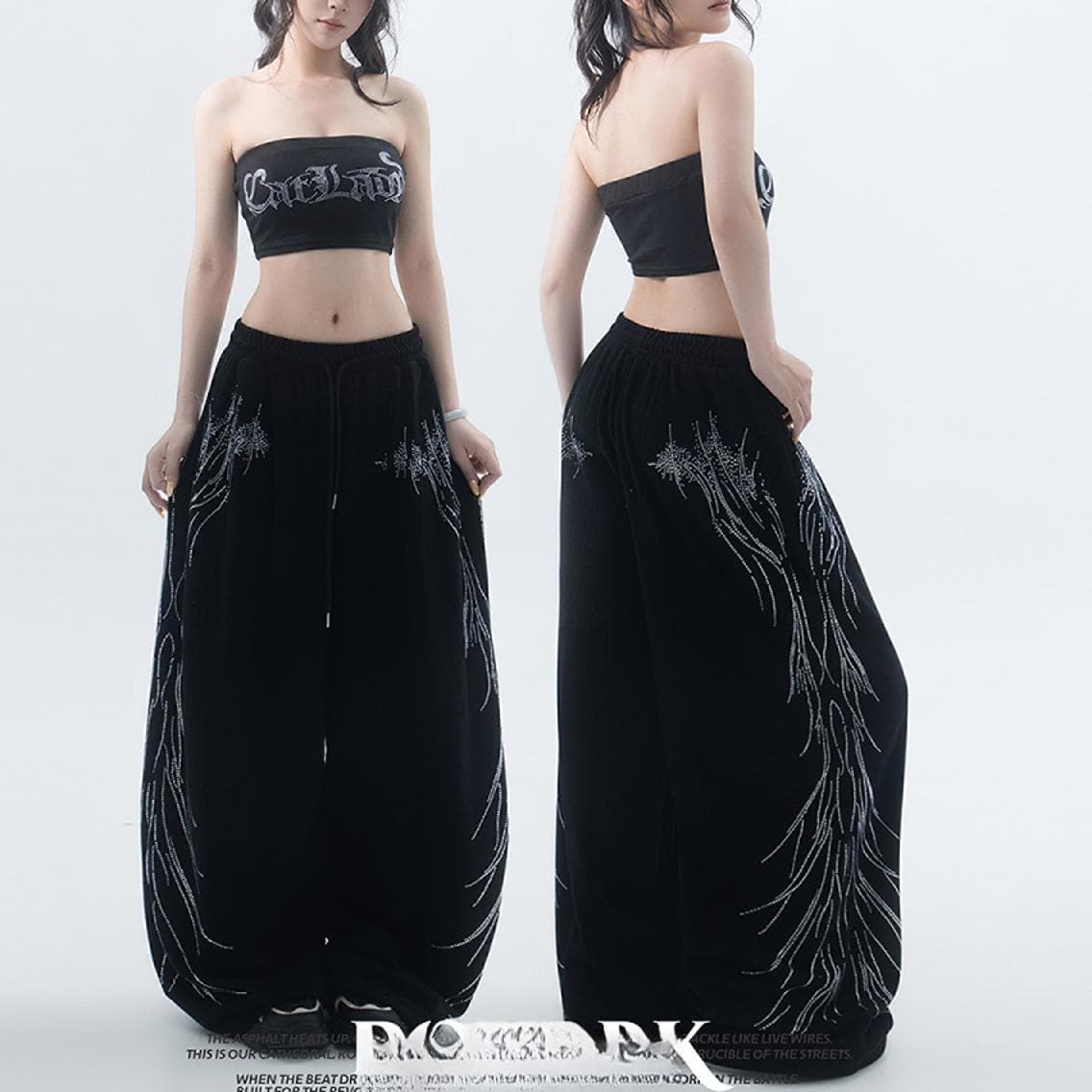아메리칸 웃음 하 바람 핫픽스 와이드 레깅스 바지 검정색 루즈핏 스트리트 댄스 트렌드 캐주얼 바지 슬림해 보이는 부드럽다 롱 코트 이미지 5