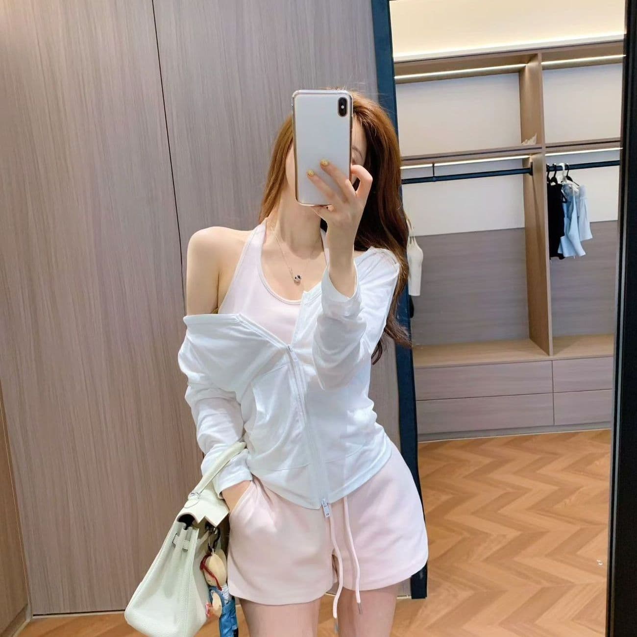 작은 대중 디자인 센스 여름 새로운 캐미솔 자외선 차단 긴팔 후드 오픈 가디건 하이웨이스트 반바지 다용도 전체 집합 이미지 3
