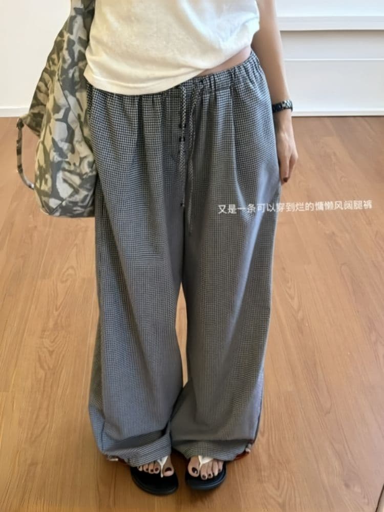 한 부서 느긋한 바람 느슨함 센스 체크무늬 와이드 레깅스 바지 여름 얇은 스타일 하이웨이스트 루즈핏 슬림해 보이는 스트레이트 캐주얼 바지 상세 이미지 2