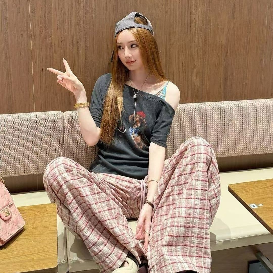 한 부서 질감 체크무늬 모통이 칼 와이드 레그 팬츠 밴딩 펌프 로프 통기성 면 린넨 슬림해 보이는 큰 진자 캐주얼 긴 바지 상세 이미지 1