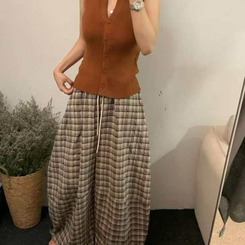한 부서 질감 체크무늬 모통이 칼 와이드 레그 팬츠 밴딩 펌프 로프 통기성 면 린넨 슬림해 보이는 큰 진자 캐주얼 긴 바지 상세 이미지 5