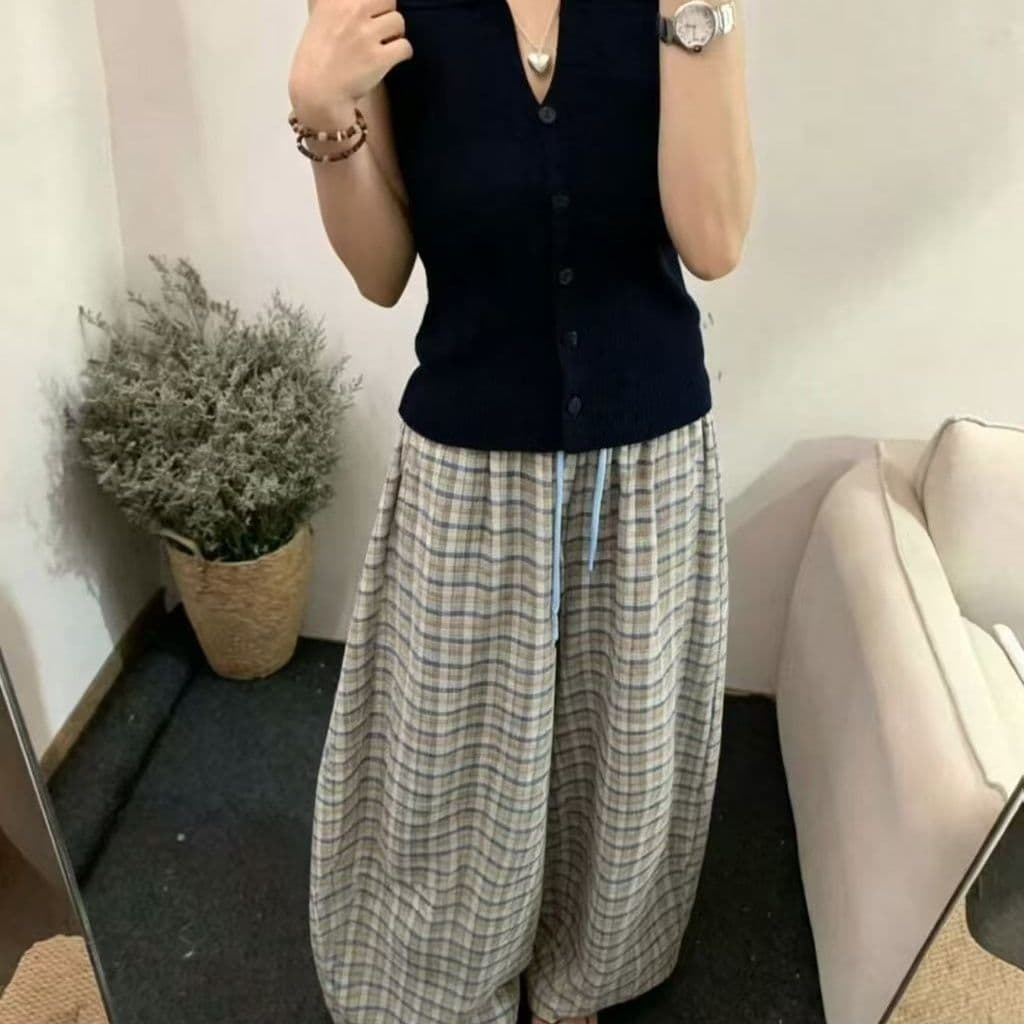 한 부서 질감 체크무늬 모통이 칼 와이드 레그 팬츠 밴딩 펌프 로프 통기성 면 린넨 슬림해 보이는 큰 진자 캐주얼 긴 바지 상세 이미지 6