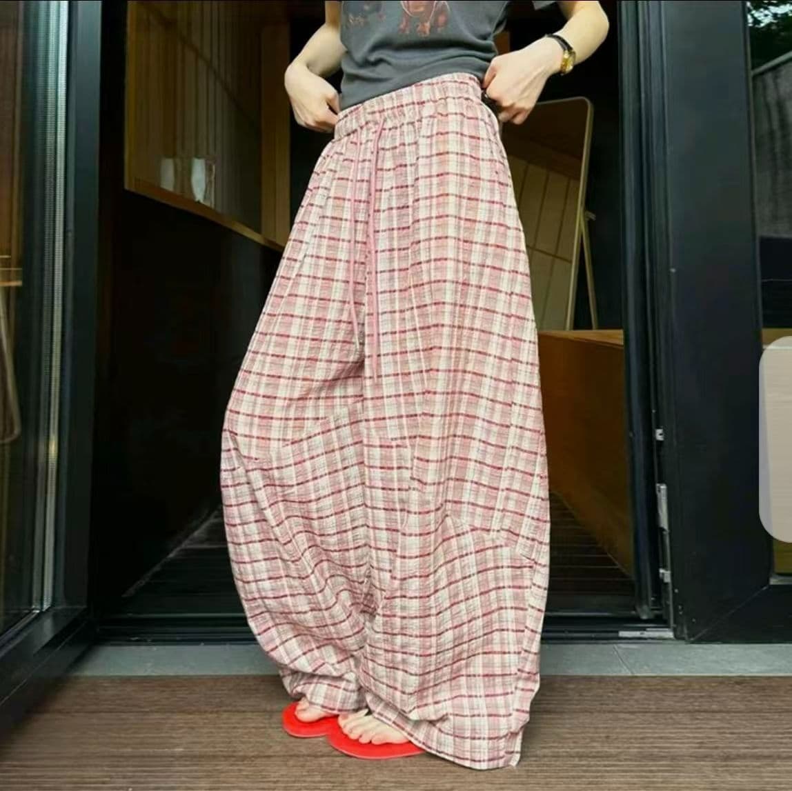 한 부서 질감 체크무늬 모통이 칼 와이드 레그 팬츠 밴딩 펌프 로프 통기성 면 린넨 슬림해 보이는 큰 진자 캐주얼 긴 바지 상세 이미지 7