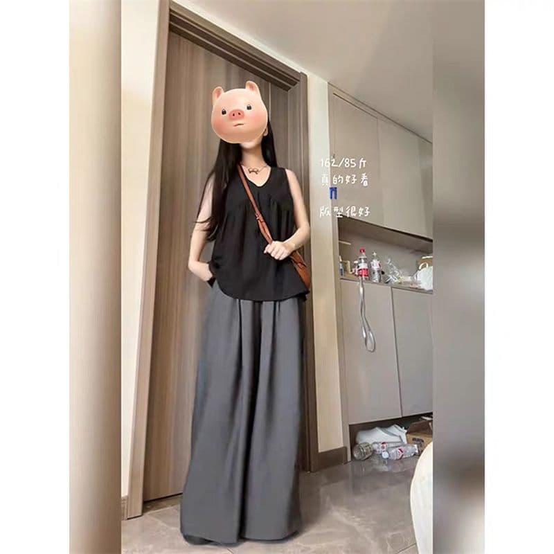 원본 품질 느긋한 바람 도루 센스 허리밴드 캐주얼 바지 여성 여름 핫걸 루즈핏 슬림해 보이는 와이드 레그 팬츠 이미지 2