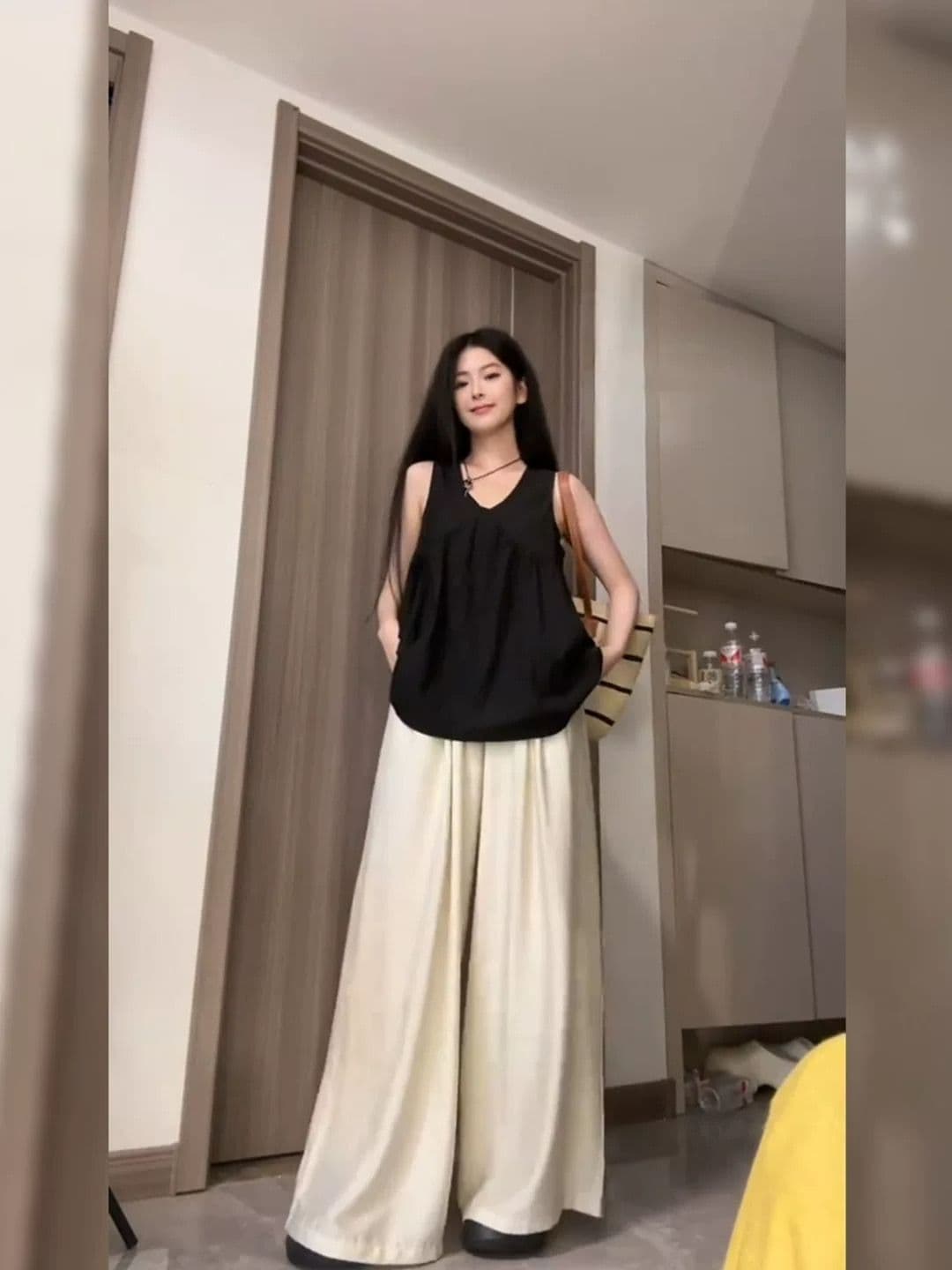 원본 품질 느긋한 바람 도루 센스 허리밴드 캐주얼 바지 여성 여름 핫걸 루즈핏 슬림해 보이는 와이드 레그 팬츠 상세 이미지 7
