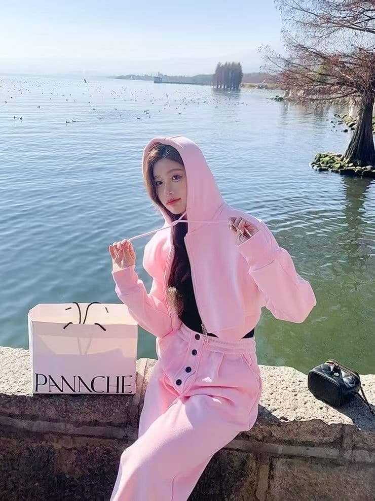 캐주얼 외국 가스 세트 여성 봄 가을 새로운 한국 스타일 긴팔 핑크색 연령 감소 패션 후드티 재킷 다용도 투피스 세트 상세 이미지 5
