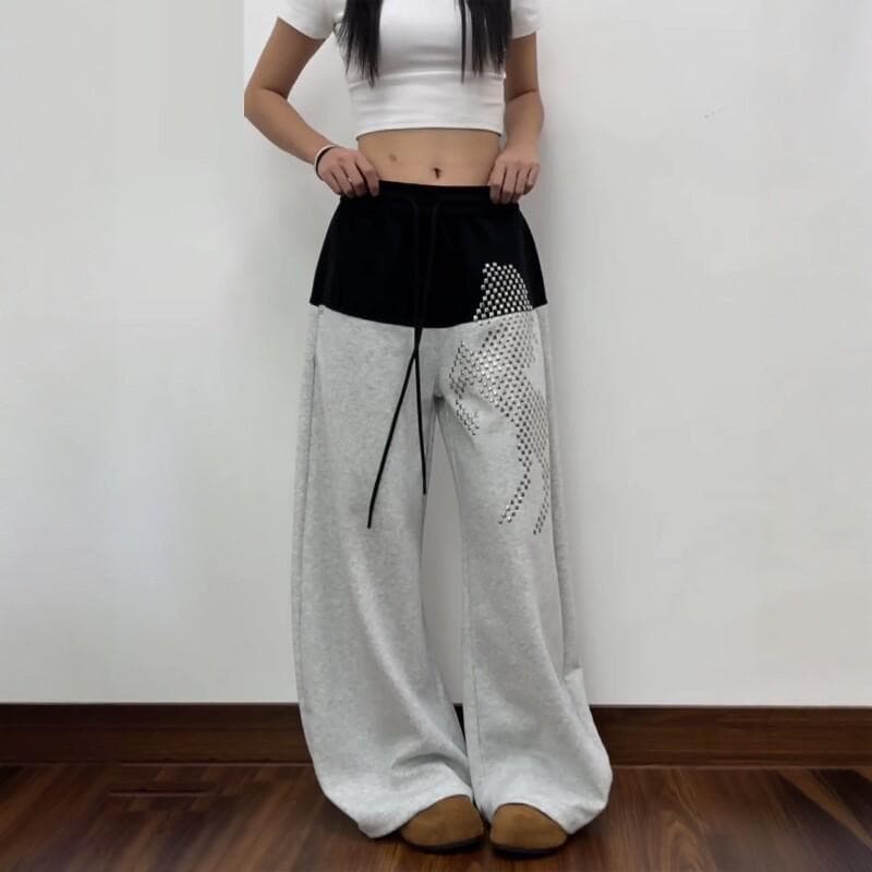 아메리칸 레트로 장난 치는 말 핫픽스 패치워크 색상 모통이 칼 캐주얼 바지 남녀 루즈핏 이미지 3