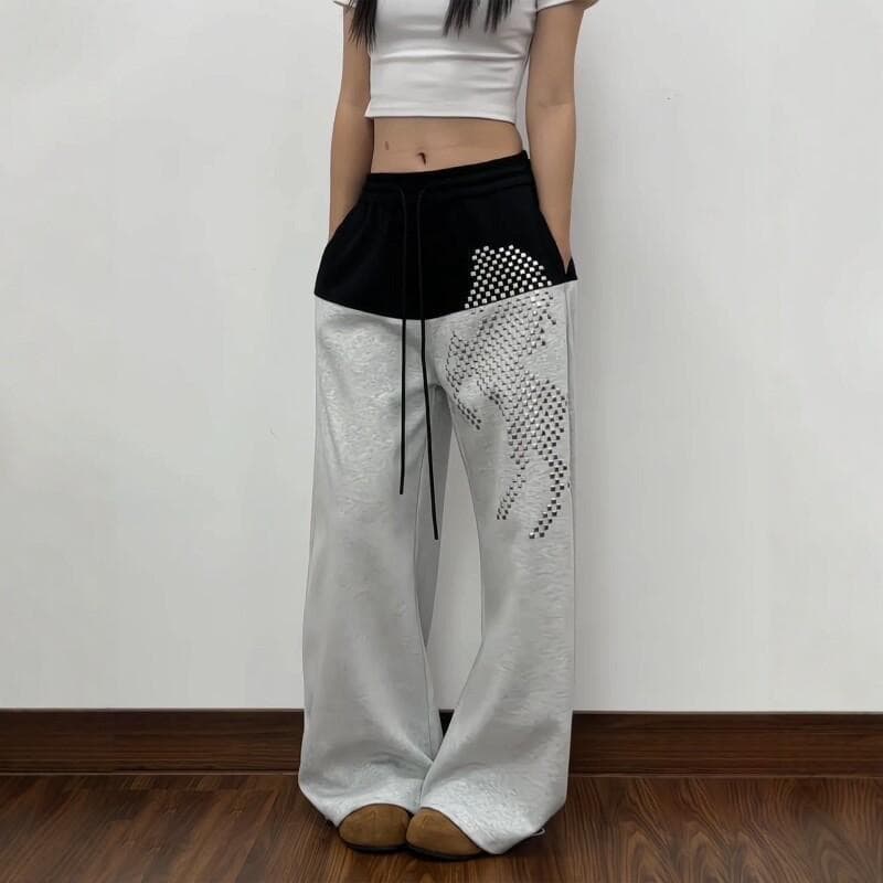아메리칸 레트로 장난 치는 말 핫픽스 패치워크 색상 모통이 칼 캐주얼 바지 남녀 루즈핏 이미지 2