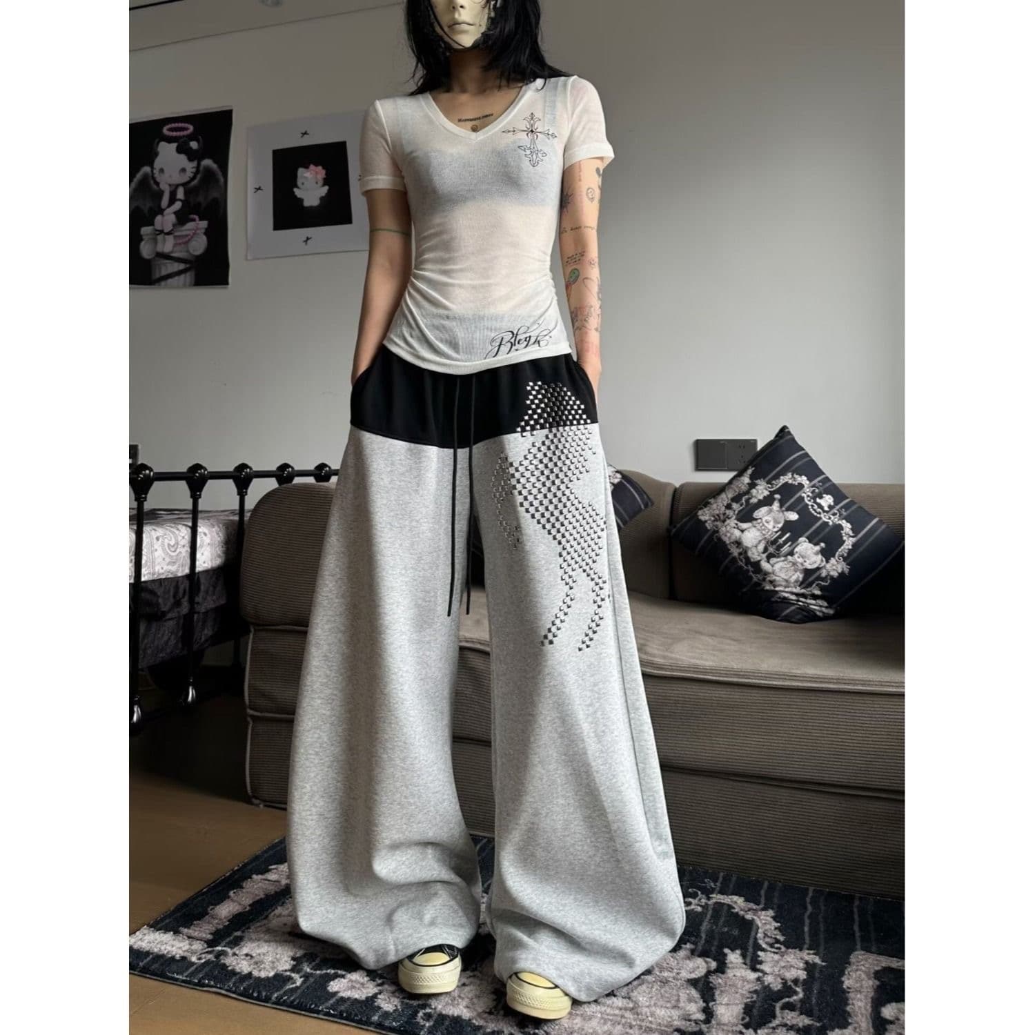 아메리칸 레트로 장난 치는 말 핫픽스 패치워크 색상 모통이 칼 캐주얼 바지 남녀 루즈핏 상세 이미지 8