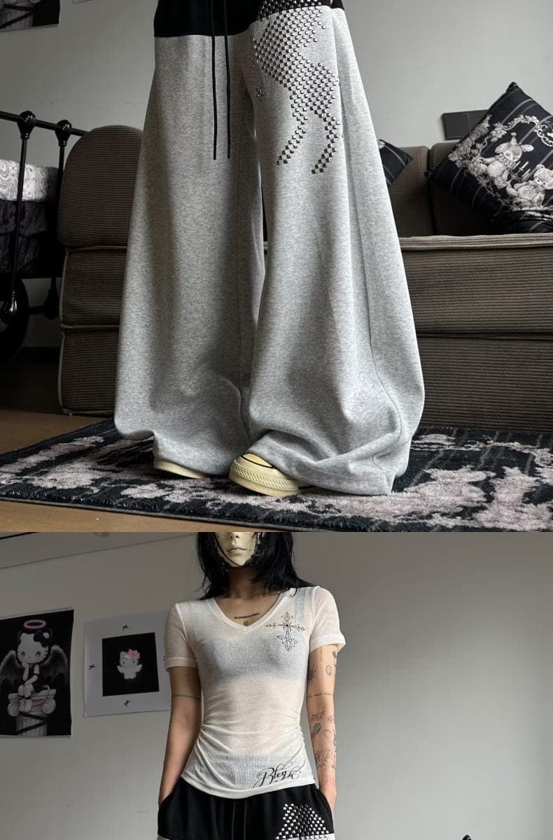 아메리칸 레트로 장난 치는 말 핫픽스 패치워크 색상 모통이 칼 캐주얼 바지 남녀 루즈핏 상세 이미지 15