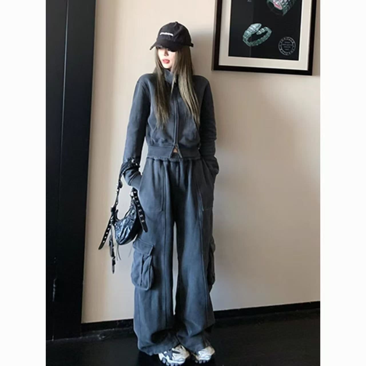 아메리칸 레트로 운동복 세트 여성 가을 루즈핏 슬림해 보이는 패션 튀김 거리 후드티 워크웨어 팬츠 캐주얼 투피스 세트 상세 이미지 1