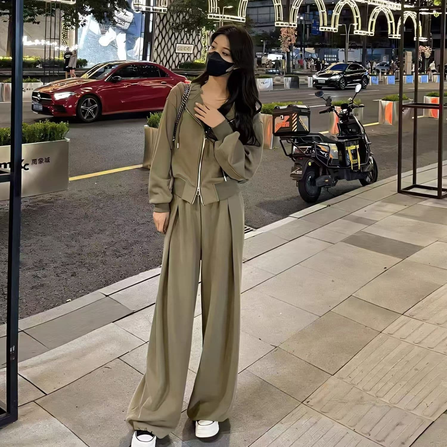 패션 운동복 세트 여성 2026 년 봄 가을 새로운 품격 다용도 후드 티 스웨터 와이드 레그 팬츠 투피스 세트 이미지 5