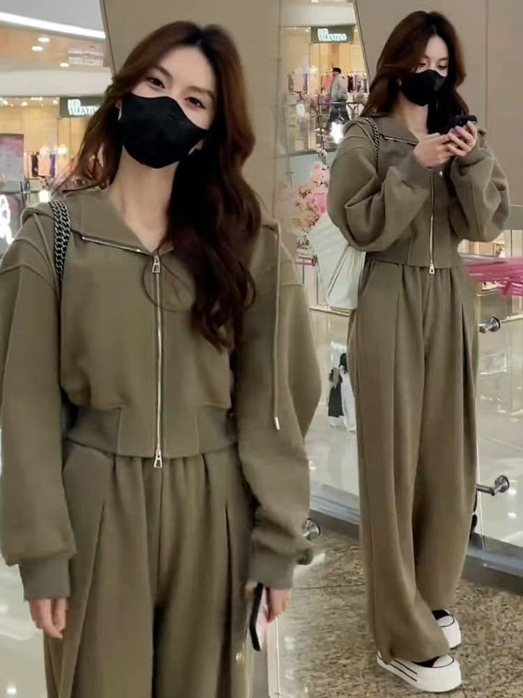 패션 운동복 세트 여성 2026 년 봄 가을 새로운 품격 다용도 후드 티 스웨터 와이드 레그 팬츠 투피스 세트 상세 이미지 6