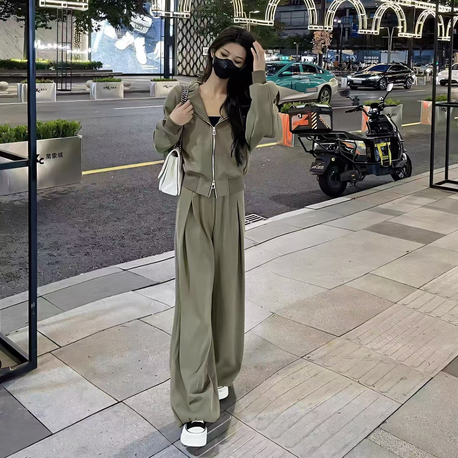 패션 운동복 세트 여성 2026 년 봄 가을 새로운 품격 다용도 후드 티 스웨터 와이드 레그 팬츠 투피스 세트 상세 이미지 9