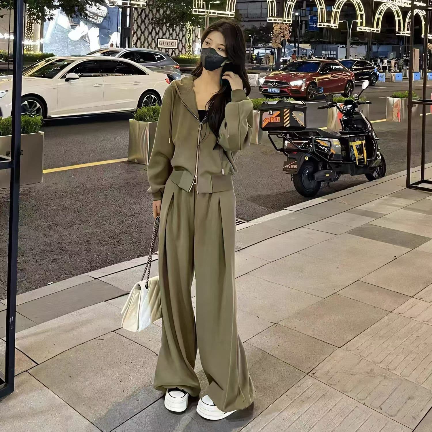 패션 운동복 세트 여성 2026 년 봄 가을 새로운 품격 다용도 후드 티 스웨터 와이드 레그 팬츠 투피스 세트 상세 이미지 10