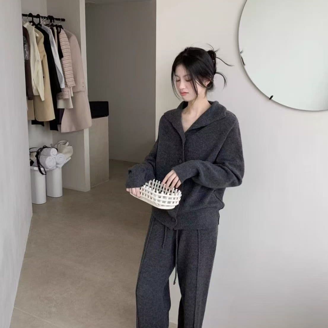 프랑스식 한 부서 캐주얼 패션 세트 여성 가을 겨울 느긋한 안감 오픈 가디건 트임 넓은 다리 길이 바지 패션 투피스 세트 이미지 4