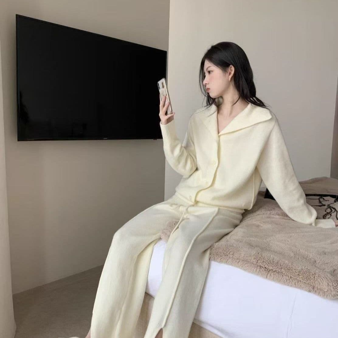 프랑스식 한 부서 캐주얼 패션 세트 여성 가을 겨울 느긋한 안감 오픈 가디건 트임 넓은 다리 길이 바지 패션 투피스 세트 이미지 2