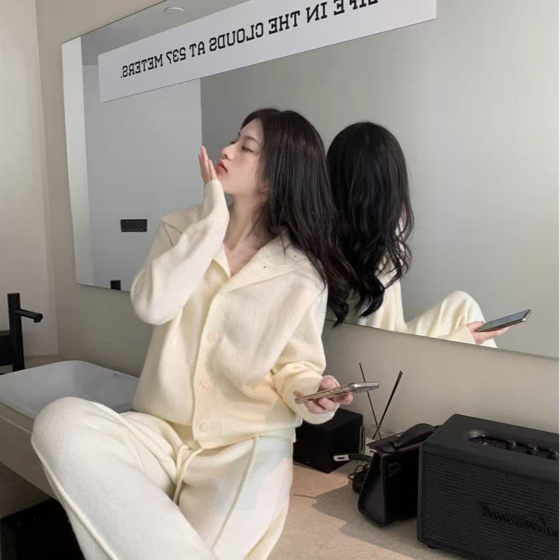 프랑스식 한 부서 캐주얼 패션 세트 여성 가을 겨울 느긋한 안감 오픈 가디건 트임 넓은 다리 길이 바지 패션 투피스 세트 이미지 5