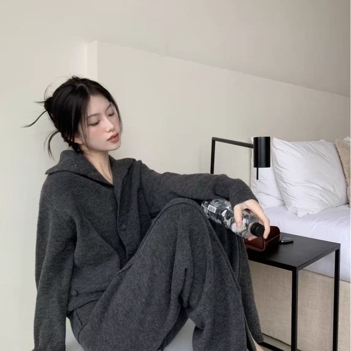 프랑스식 한 부서 캐주얼 패션 세트 여성 가을 겨울 느긋한 안감 오픈 가디건 트임 넓은 다리 길이 바지 패션 투피스 세트 이미지 3