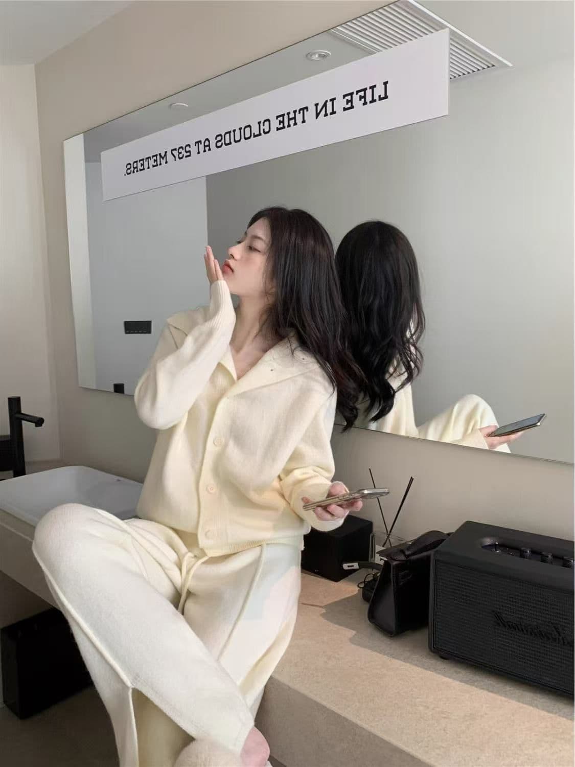 프랑스식 한 부서 캐주얼 패션 세트 여성 가을 겨울 느긋한 안감 오픈 가디건 트임 넓은 다리 길이 바지 패션 투피스 세트 상세 이미지 2