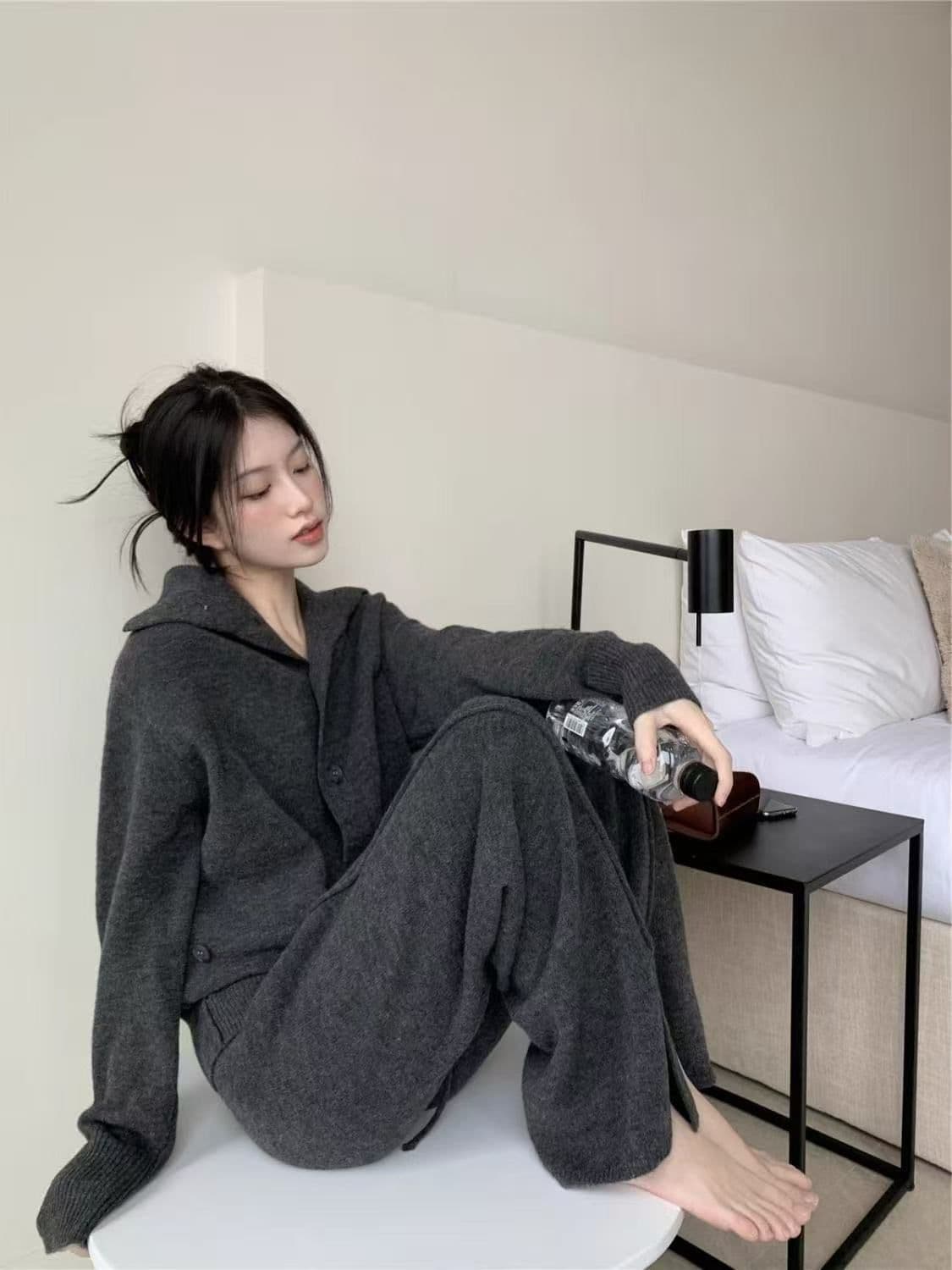 프랑스식 한 부서 캐주얼 패션 세트 여성 가을 겨울 느긋한 안감 오픈 가디건 트임 넓은 다리 길이 바지 패션 투피스 세트 상세 이미지 5