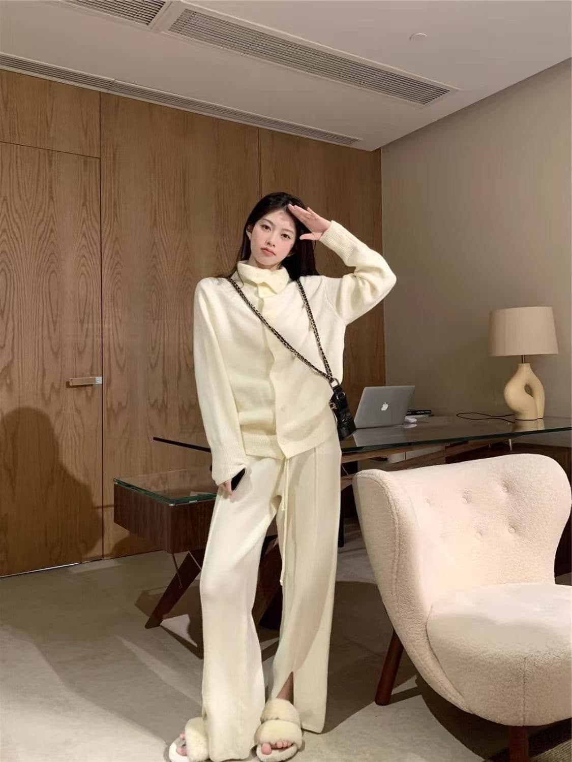 프랑스식 한 부서 캐주얼 패션 세트 여성 가을 겨울 느긋한 안감 오픈 가디건 트임 넓은 다리 길이 바지 패션 투피스 세트 상세 이미지 6