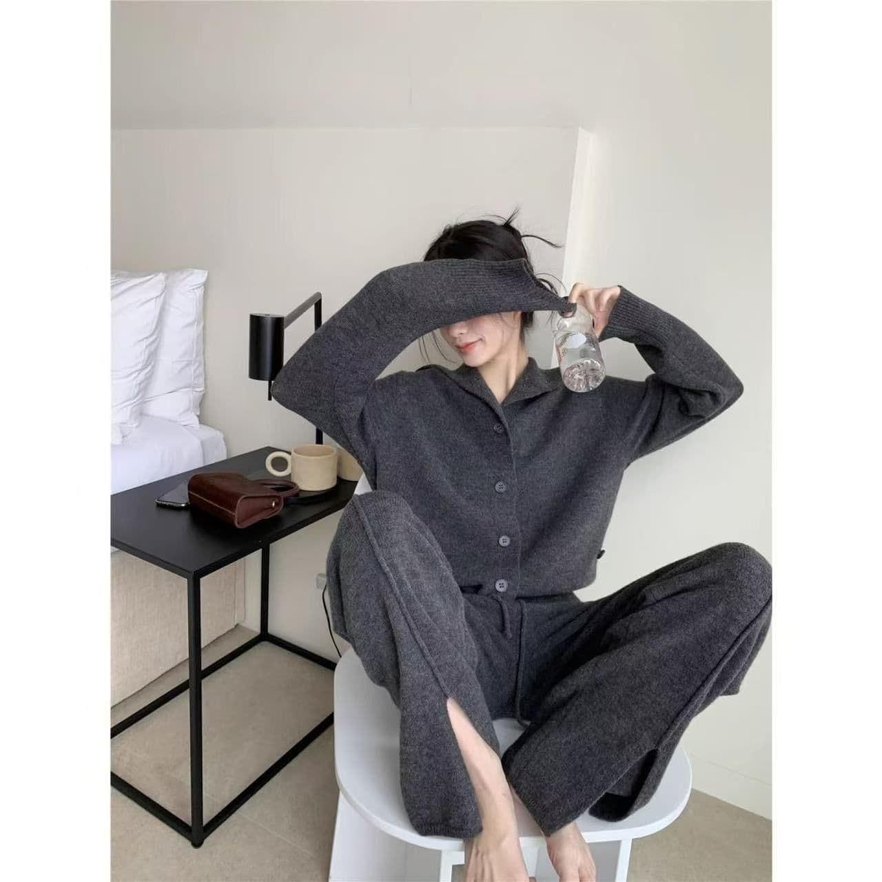프랑스식 한 부서 캐주얼 패션 세트 여성 가을 겨울 느긋한 안감 오픈 가디건 트임 넓은 다리 길이 바지 패션 투피스 세트 상세 이미지 8