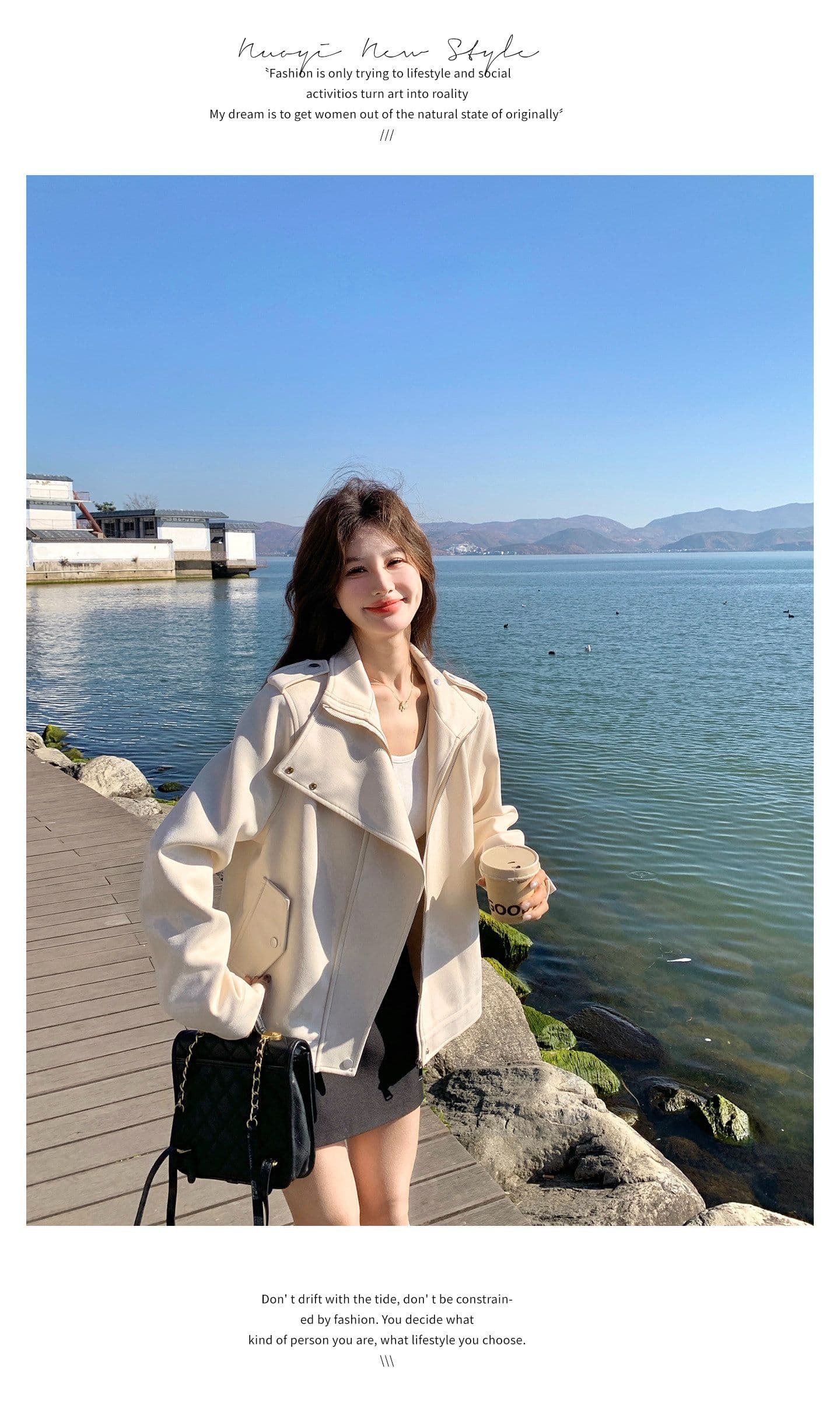 한국 스타일 디자인 센스 프로필 모양 스웨이드 원단 여성 코트 가을 새로운 작은 키 달콤한 차가운 캐주얼 바람 우유 화이트 재킷 상세 이미지 6