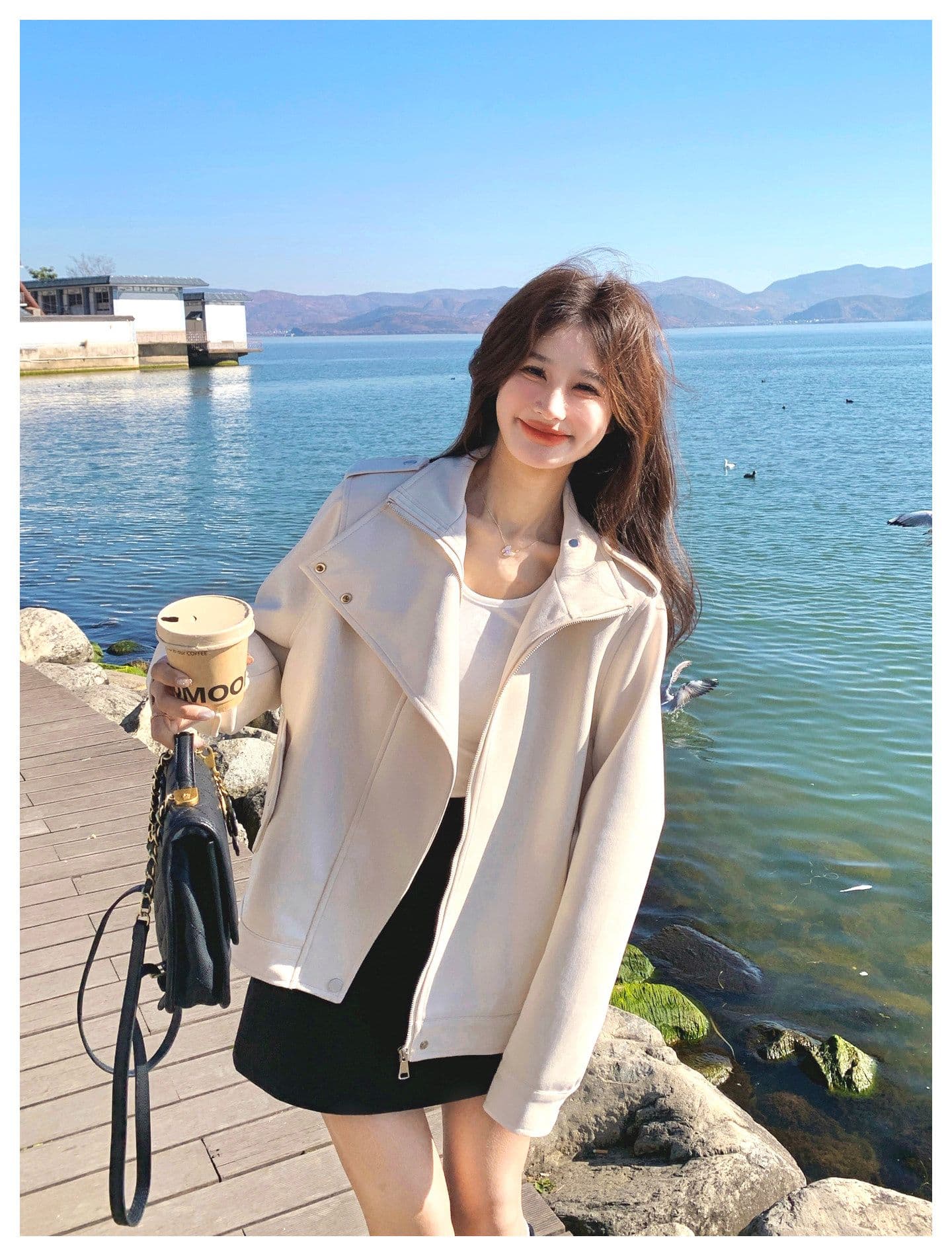 한국 스타일 디자인 센스 프로필 모양 스웨이드 원단 여성 코트 가을 새로운 작은 키 달콤한 차가운 캐주얼 바람 우유 화이트 재킷 상세 이미지 7